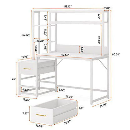 Tribesigns 55 Inch Computer Desk with 2 Drawers and Storage Shelves, Rustic Office Desk with Hutch, Study Writing Gaming Table Laptop Workstation for Home Office (White) - color: White