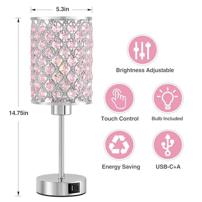 Crystal Table Lamp, Pink Touch Lamp with USB C+A Port, 3-Way Dimmable - color: Pink, size: 14.75"