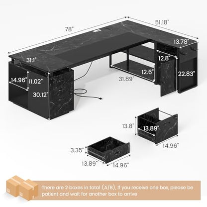 78" Executive Desk with Lockable File Cabinet, L Shaped Office Desk with Power Outlets, Large Executive Desk with Drawers and Storage Shelves, Reversible Computer Desk, Marble Grain - color: Marble Grain