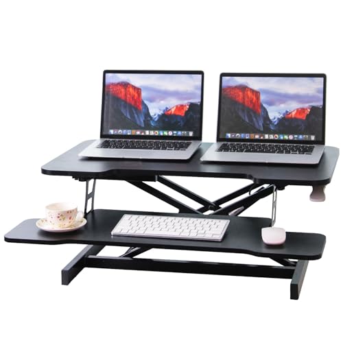 Standing Desk Converter, 32" Height Adjustable Sit to Stand Up Workstation, Dual Monitor Desk Riser with Keyboard Tray, Black Desktop Tabletop Riser Laptop for Home Office