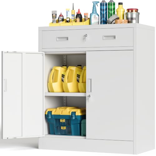 BESFUR Metal Storage Cabinet with Doors and Shelves, 36" H Locking Storage Cabinet with 1 Drawers, Reinforced Heavy Duty Metal Cabinets for Garage, Office, Home(White) - color: White, size: 36" H x 28" W x 16" D