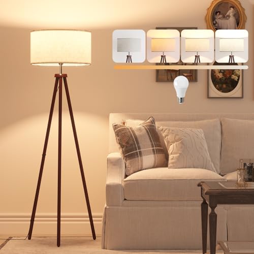 LiteHistory Wood Tripod Floor Lamps for Bedroom, Living Room, and Office, Corner lamp with Beige Linen Shade, 12W Three-Color Bulb Included, Pull Chain Switch, Gifts for mom for Home Decor, Walnut - color: Walnut floor lamps