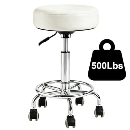 Rolling Stool with Wheels, Comfort Cushion Professional Swivel Drafting Stool, Height Adjustable Heavy Duty 500 lb Stool with Silent Casters and Foot Ring for Salon Tattoo Clinic Home Office, White - color: White