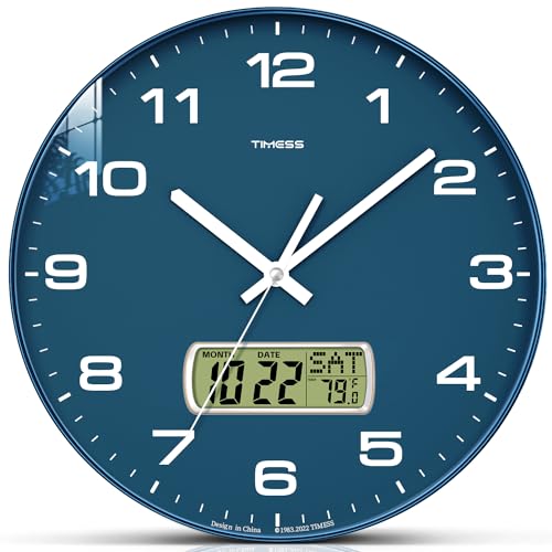 10-Inch Non-Ticking Analog Wall Clock with LCD Display, Blue | Perpetual calendar, Fahrenheit temperature, easy-to-read analog dial, battery operated, ideal for bedroom, kitchen, or office - color: Blue, size: 10 Inch