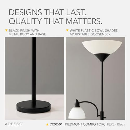 Adesso Floor Lamp, Black, Dual-Socket with Adjustable Reading Light, 71” - color: Black
