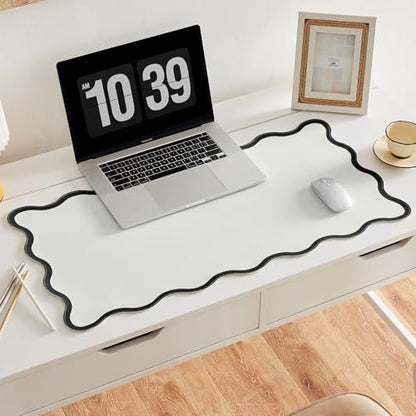 Scalloped Desk Mat, 31.5" x 15.7", PU Leather, Waterproof Anti-Slip, Cute Aesthetic Desk Pad for Office/Home/Game/Vanity (Black, 31.5" x 15.7") - color: Black