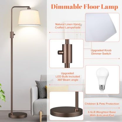 Nintiue [Upgraded] Dimmable Floor Lamp, 1000 Lumens LED Edison Bulb Included, Modern Arc Standing Tall Brown Floor Lamp for Living Room Bedroom Office Dining Room - color: Brown-Beige Linen Shade