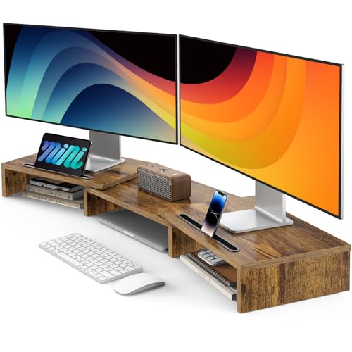 AMERIERGO Dual Monitor Stand Riser- 3 Shelf Screen Stand with Adjustable Length and Angle, 2 Extra Functional Slot Desktop Organizer Stand for PC, Computer, Laptop (Rustic Brown) - color: Rustic Brown
