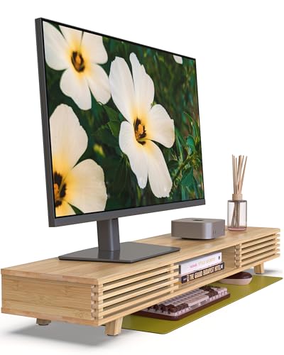 Bamboo 42” Dual Monitor Stand with Sliding Doors Desk Shelf - color: Bamboo, size: 42 Inch