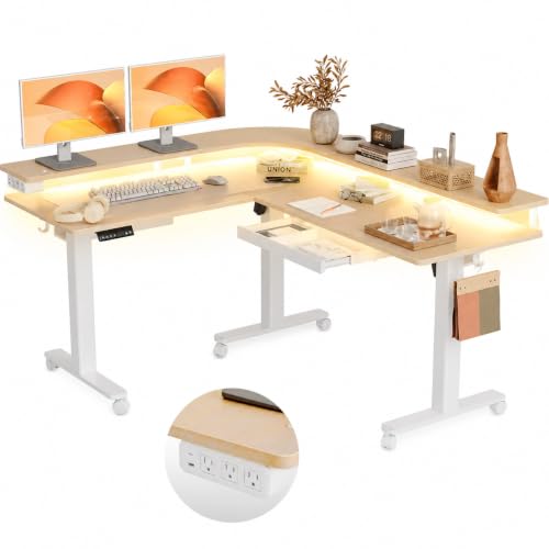 Claiks L Shaped Standing Desk with Drawers, 63 Inch, Nature | 4 Memory Presets, LED Lights, Power Outlet, Monitor Stand, Corner Desk, Adjustable Height - color: Nature