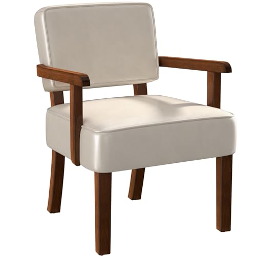 FAGAGA Faux Leather Accent Chair, Mid-Century Armchair with Wood Frame | Upholstered Living Room Chair, Comfy Reading Chair for Bedroom, Waiting Room, Home Office, Easy Assembly, Beige - color: Faux Leather Beige, size: One Chair