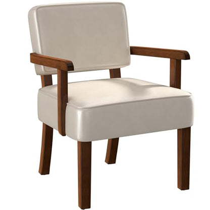 FAGAGA Faux Leather Accent Chair, Mid-Century Armchair with Wood Frame | Upholstered Living Room Chair, Comfy Reading Chair for Bedroom, Waiting Room, Home Office, Easy Assembly, Beige - color: Faux Leather Beige, size: One Chair