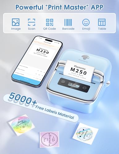 Phomemo M250 3" Label Maker, Thermal Barcode & Address Printer | Label Printer for School, Business, Home & Logos, Sticker Printer Compatible with Phones & PCs, with 100 Labels, 40x30mm - color: Blue