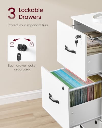 VASAGLE 3 Drawer File Cabinet with Locks, for A4, Letter Sized Documents - color: Cloud White, size: 3 Drawers