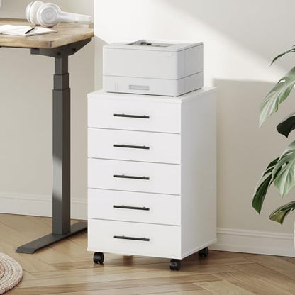 HOOBRO 5-Drawer File Cabinet, Office Filing Cabinet with Drawers, Wooden Mobile Storage Cabinet with Wheels, for Makeup, Home Office, Easy Assembly, White WT05WJ01G1 - color: White