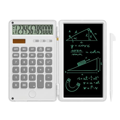 Calculator with Writing Pad,12-Digit LCD Display, Dual Power Solar + Coin Cell,1-Yr Battery Life Silicone Keys for Comfort Lightweight Portable for Students/Engineers/Professionals (White) - color: White