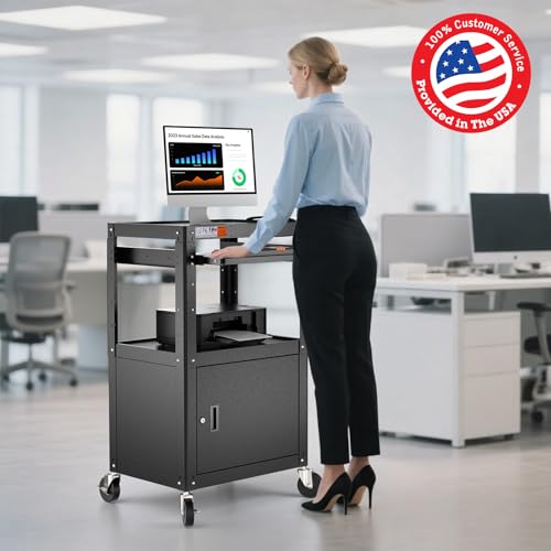 POCHAR Steel Large AV Cart with Locking Cabinet - Adjustable Height Media Carts with Wheels, Pullout Tray, Power Strip for Mobile Work Station - Rolling Computer Cart for Office Classroom Presentation - style: Locking Cabinet with Keyboard Tray (AV-G)