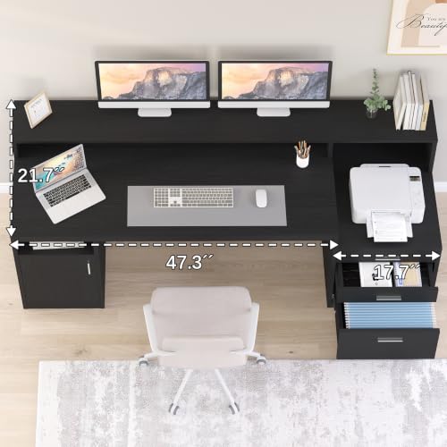 65" Black Computer Desk with 3 Drawers & Printer Shelf for Home Office | Computer Desk with Printer Shelf & File Drawer, Executive Desk Writing Study Table with Monitor Stand, Black - color: Black