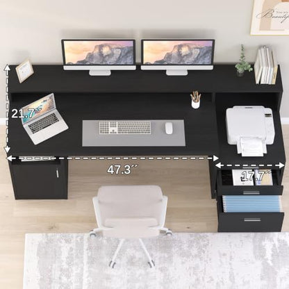 65" Black Computer Desk with 3 Drawers & Printer Shelf for Home Office | Computer Desk with Printer Shelf & File Drawer, Executive Desk Writing Study Table with Monitor Stand, Black - color: Black