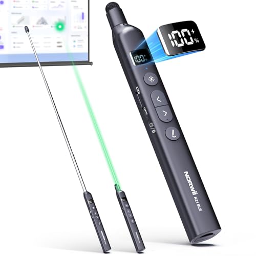 N21 Bluetooth Presentation Clicker for PowerPoint with Retractable Pointer | ①Laser Pointer②Telescopic touch pen③Countdown timer, vibration alert ④Customizable Button ⑤Rechargeable;battery level display - color: Black - Green Pointer
