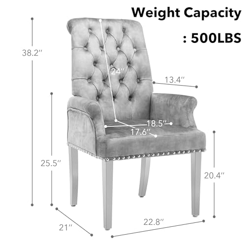 LOULENS Velvet Dining Chairs Set of 4, Dining Chairs with Arms, Grey | Upholstered, High Back, Tufted, Luxurious, Stainless Steel Leg, for Kitchen & Dining Room - color: Grey, size: 4 PCS