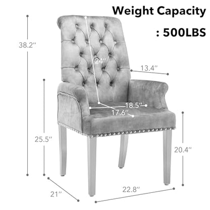 LOULENS Velvet Dining Chairs Set of 4, Dining Chairs with Arms, Grey | Upholstered, High Back, Tufted, Luxurious, Stainless Steel Leg, for Kitchen & Dining Room - color: Grey, size: 4 PCS