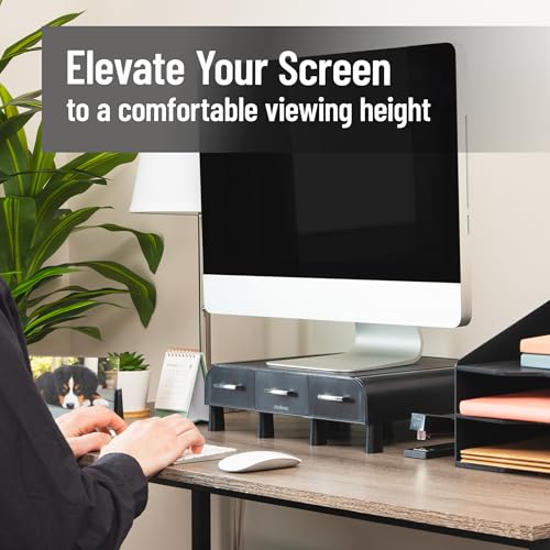 Mind Reader Monitor Stand, 3 Storage Drawers, Desktop Organizer, Riser, Office, 13.5"L x 13"W x 4"H, Set of 2, Black - size: 2 Pack