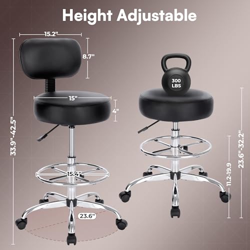 SUPERJARE Drafting Chair with Backrest, Adjustable Foot Rest Rolling Stool | Multi-Purpose Shop Stool, Drafting Stool, Office Desk Chair, Bar Stools with Thick Seat Cushion for Home Bar Kitchen, Black - color: Black
