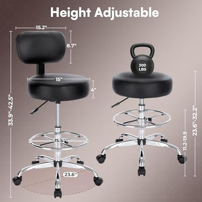 SUPERJARE Drafting Chair with Backrest, Adjustable Foot Rest Rolling Stool | Multi-Purpose Shop Stool, Drafting Stool, Office Desk Chair, Bar Stools with Thick Seat Cushion for Home Bar Kitchen, Black - color: Black
