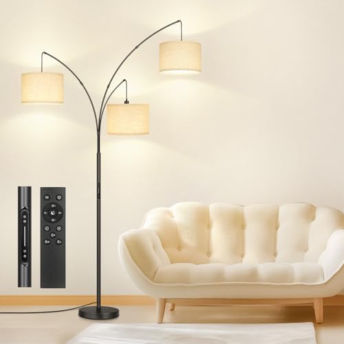OUTON Arc LED Floor Lamp with Remote & Touch Control, Dimmable Modern Black 3 Light Arched Tall Floor Lamp, Mid Century Adjustable Standing Corner Lamps for Bedroom, Office, Living Room - color: Matte Black