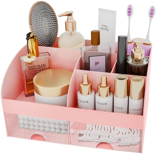 Makeup Organizer with Drawers, Cosmetic Storage for Dresser Vanity and Bathroom Countertop, Beauty Holder for Lipstick Brush, Skincare Organizer for Vanity, Cosmetic Display Case (Pink) - color: Pink