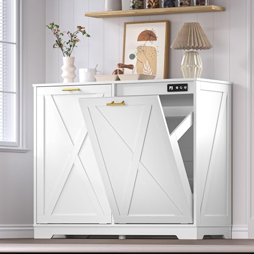 BORNOON Tilt Out Trash Can Cabinet for 2 Bins, Hidden Recycle Garbage Bin Enclosure, Wooden Double Laundry Cabinet with Odor Control, Negative Ion & Ozone, for Kitchen, Bathroom, Laundry Room - color: White, size: Base-2 Cabinets