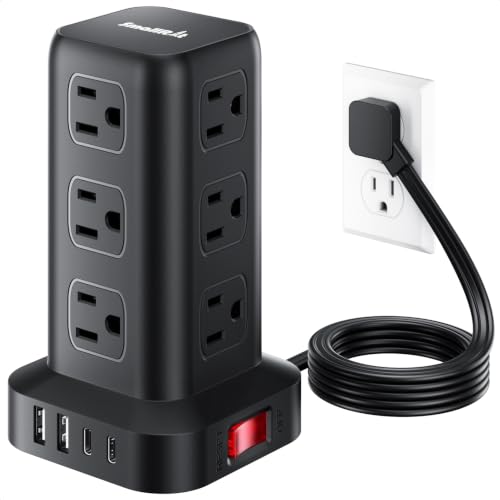 Extension Cord with Multiple Outlets, SMALLRT Flat Plug Power Strip Tower with USB 12 AC Outlets, 6.5FT Ultra Thin Extension Cord Outlet Extender for Home Office, Black - color: Jet Black, size: 6.5 Ft without wireless charging