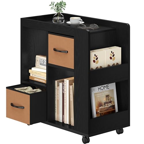 Yaheetech Narrow End Table Storage Drawer Rolling Shelves, Black | Open Shelves | Magazine Rack | Rolling Wheels | Wooden Construction | Living Room & Bedroom - color: Black