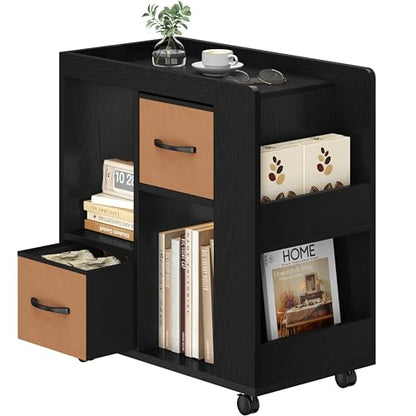 Yaheetech Narrow End Table Storage Drawer Rolling Shelves, Black | Open Shelves | Magazine Rack | Rolling Wheels | Wooden Construction | Living Room & Bedroom - color: Black