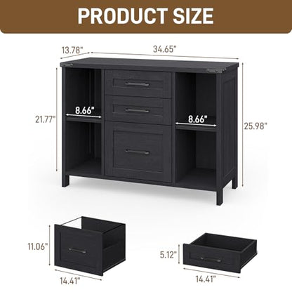 Vabches File Cabinet with 3 Drawers, Farmhouse Lateral File Cabinet Fits Files Letter/A4 Size, Wooden Filing Cabinet with Adjustable Shelves Printer Stand for Home Office, Black - color: Black