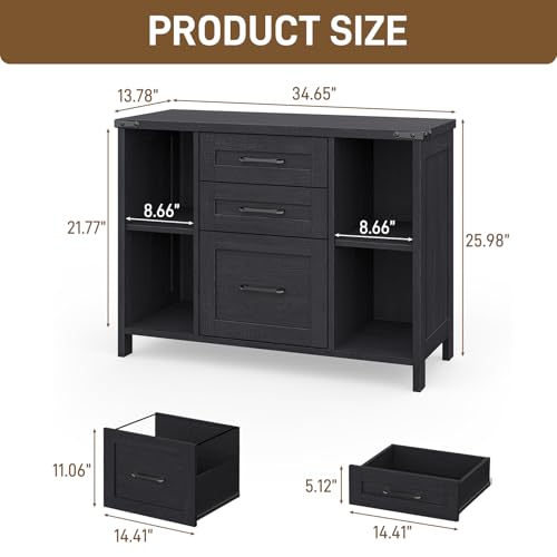 Vabches File Cabinet with 3 Drawers, Farmhouse Lateral File Cabinet Fits Files Letter/A4 Size, Wooden Filing Cabinet with Adjustable Shelves Printer Stand for Home Office, Black - color: Black