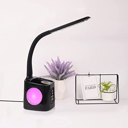 LED Desk Lamp with Clock,Color Changing Nightlight,Study Lamp with Pen Holder,Desk Light with USB Charger,Table Light for Home,Office,Gift for Kids,Students,Women,Black - color: Black 2.0