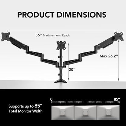 HUANUO Triple Monitor Mount for 17 to 32 inch Screens, Adjustment Gaming Triple Monitor Stand with Swivel, Tilt, Rotation, Clamp & Grommet Kit - color: Black