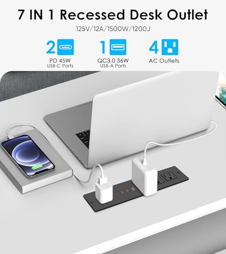 45W USB C Recessed Power Strip, Ultra Thin Flat Plug Recessed Outlet, 4 AC Outlets & 3 USB Port, Flush Mount for Conference Rooms, Office Tables, Furniture-6FT Cord - size: 6FT, style: 45W-2C1A-Black