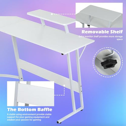Gaming Desk L Shaped Desk, 50.4” Large Desk Computer Desk with Shelves & Carbon Fiber Desktop, Wood Desk Table Computer Table Writing Desk Work Desk pc desk for Bedroom Office Dorm Small Space, White - color: White