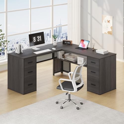 HSH L Shaped Desk with Drawers, Dark Gray Corner Desk with Storage, 59 in | Large Home Office Corner Computer Desks with Storage File Cabinet, Modern Metal Wood Desks for Executive Writing Workstation - color: Dark Gray Oak
