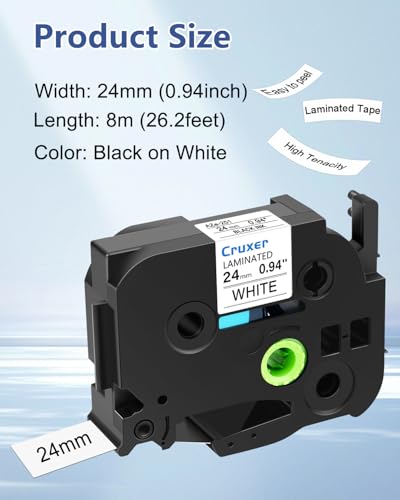 Cruxer 10 Pack Replacement for P-Touch TZe-251 TZe251 24mm Black on White | 0.94‘’ Laminated Label Tape Compatible with Ptouch PT-D600 P700 P750W P710BT 2430PC P900W E500 P950NW 9700PC PT-3600 Maker - size: 24mm (0.94“) 1"