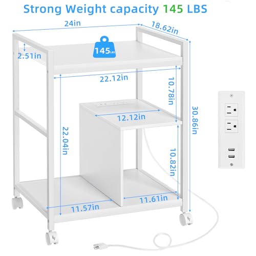 Lerliuo 24" Wide Large Printer Stand with Storage, White | Printer Table for Home Office with Charging Station, 3 Tier Industrial Mobile Printer Cart with Lockable Wheels - color: White