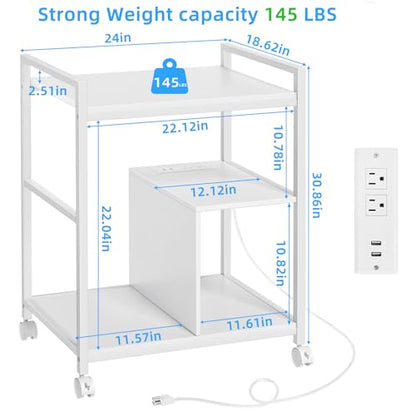 Lerliuo 24" Wide Large Printer Stand with Storage, White | Printer Table for Home Office with Charging Station, 3 Tier Industrial Mobile Printer Cart with Lockable Wheels - color: White