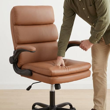 Mid Back Office Desk Chair,Leather Conference Room Chairs,Ergonomic Home Computer Chair,Modern Executive Chair with Padded Flip-up Armrest and Swivel Wheels (Brown) - color: Brown