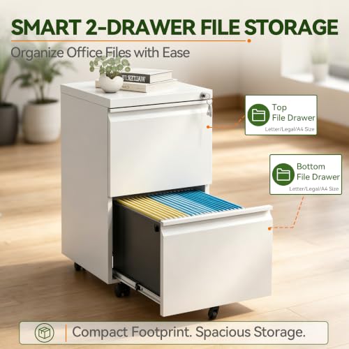 SAWJEC 2 Drawer Rolling File Cabinet Fully Assembled, White | Fully Assembled, Metal Under Desk Filing Cabinet with Lock & Wheels, 17"D x 15"W x 26"H, Letter/Legal/A4, for Home Office - color: White, size: 26"H x 15"W x 17"D