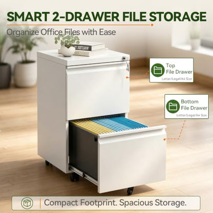 SAWJEC 2 Drawer Rolling File Cabinet Fully Assembled, White | Fully Assembled, Metal Under Desk Filing Cabinet with Lock & Wheels, 17"D x 15"W x 26"H, Letter/Legal/A4, for Home Office - color: White, size: 26"H x 15"W x 17"D
