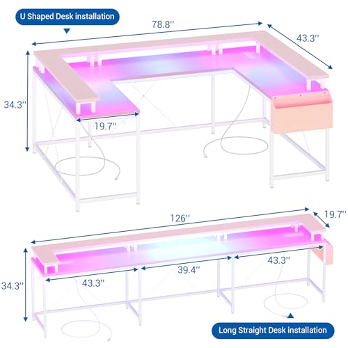 IDEALHOUSE U Shaped Home Office Desk, Reversible L Shaped Gaming Computer Desk with Power Outlets,126 Inch Computer Desk with Monitor Stand and LED Lights,Storage Shelves,Storage Bag and Hooks（Pink） - color: Pink