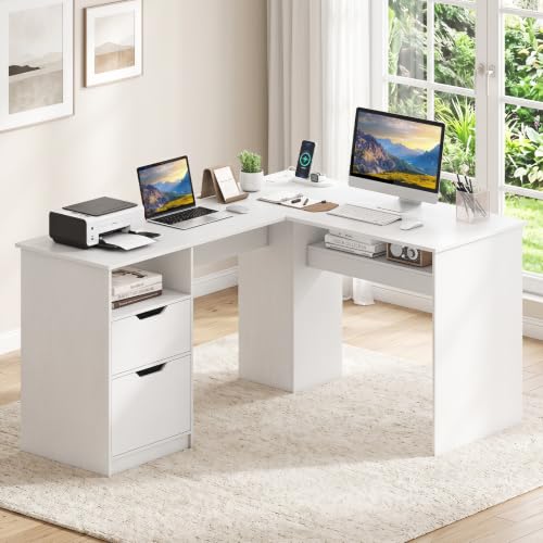 Tangkula 59” L-Shaped Executive Desk w/Power Outlets, Home Office Desk - color: White